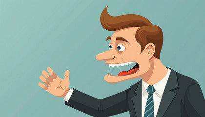 Man in Suit Speaking with Open Mouth and Outstretched Hand