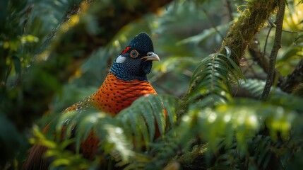 Colorful bird with orange and blue plumage nestled in lush green foliage