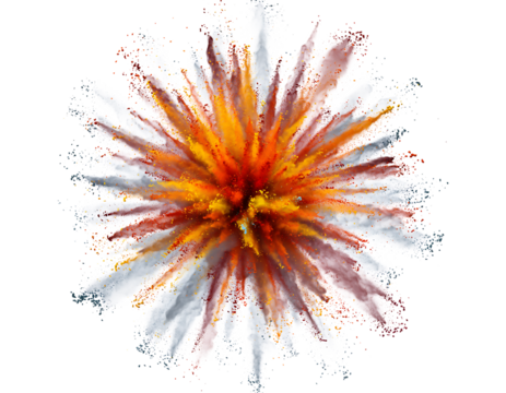 Vibrant colorful powder explosion bursting outwards, scattering bright red, orange, yellow, and grey pigments., isolated on transparent background