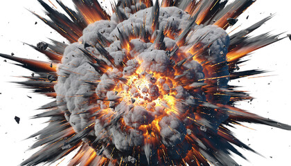Powerful dramatic explosion featuring vibrant fiery orange and yellow core, dense grey smoke, and dark debris, isolated on transparent background