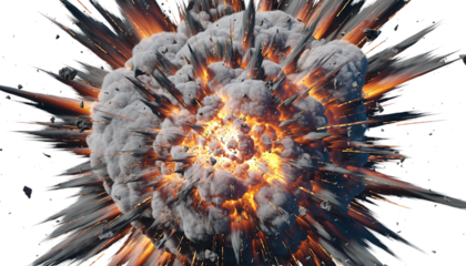 Powerful dramatic explosion featuring vibrant fiery orange and yellow core, dense grey smoke, and dark debris, isolated on transparent background