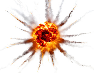 Powerful fiery explosion bursting with intense orange and red flames, dense dark gray smoke, and sparkling, isolated on transparent background