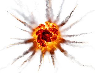 Powerful fiery explosion bursting with intense orange and red flames, dense dark gray smoke, and sparkling, isolated on transparent background