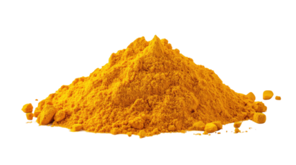 Bright turmeric powder pile forming vibrant golden spice mound with fine aromatic texture ideal for culinary seasoning presentation isolated on white background
