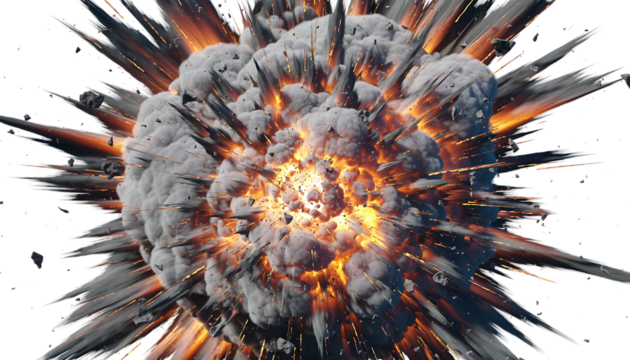 Powerful dramatic explosion featuring vibrant fiery orange and yellow core, dense grey smoke, and dark debris, isolated on transparent background
