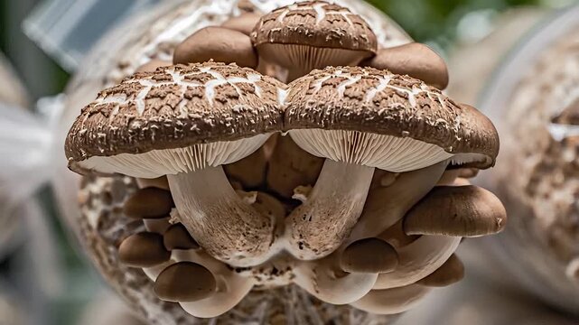 Close up of fresh shiitake mushrooms growing on a substrate bag.