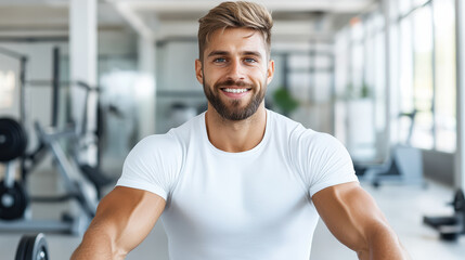 Fototapeta premium Smiling athletic man in white shirt exercising in bright modern gym
