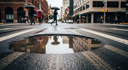 Fototapeta premium City puddle reflects urban architecture, creating striking street scene. City puddle shows the street after rain, with reflective surfaces and pedestrians holding umbrellas, creating depth.