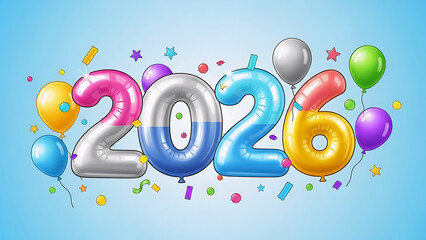 Festive balloon numbers spell out 2026 amidst colorful confetti and balloons, perfect for celebrating the new year or any special event in a bright, fun, celebratory style.