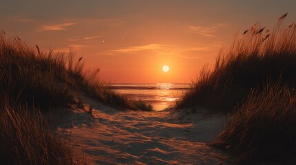 The scene captures a stunning sunset over the ocean with warm hues reflecting off the water. Soft dunes and tall grass frame the pathway leading to the beach creating a serene atmosphere.