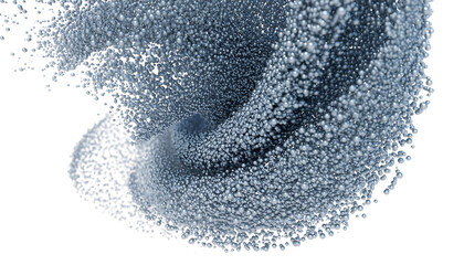 Dynamic abstract digital art of shimmering silver grey metallic spheres swirling, forming an intricate fluid wave, isolated on transparent background