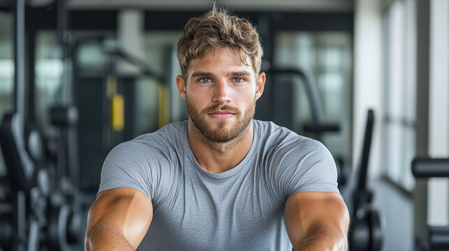 Young athletic man wearing gray t shirt rowing on machine in modern gym, focused and determined