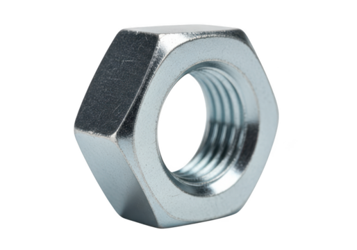 Metal hex nut silver fastener hardware engineering industrial component detailed macro close up isolated on transparent background