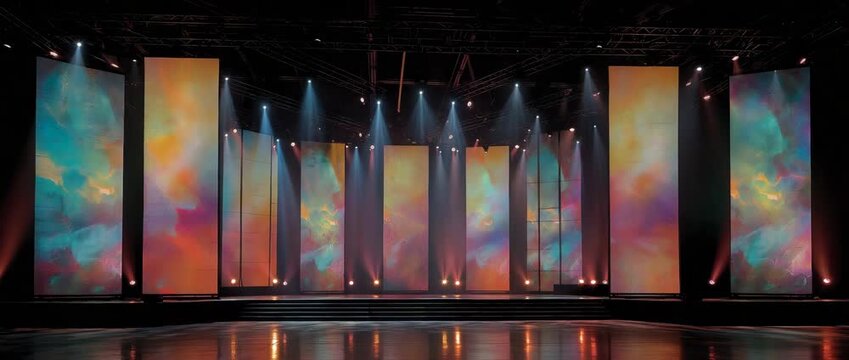 Several enormous shining LED screens are part of the empty pro stage design.  Bright digital video panels with dynamic, abstract, multicolored cloud patterns