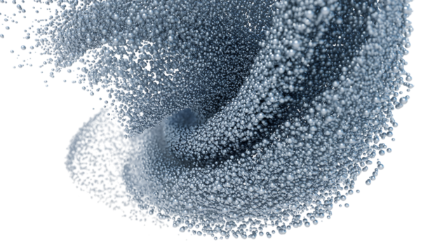 Dynamic abstract digital art of shimmering silver grey metallic spheres swirling, forming an intricate fluid wave, isolated on transparent background