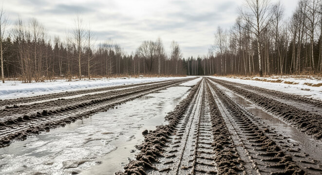Off road track with mud and snow through forest in winter, off road track. Muddy path leads through trees in countryside, showing traces of vehicle tires,