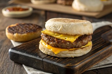 Close up of a breakfast sandwich with egg and sausage on a wooden board