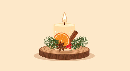 Cozy holiday candle display on a wood slice, featuring dried orange, cinnamon, star anise, and pine branches for a festive winter mood.