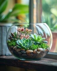 Beautiful Arrangement of Succulent Plants in a Glass Bowl Surrounded by Colorful Stones and Green Moss, Perfect for Home Decor and Indoor Gardening Enthusiasts