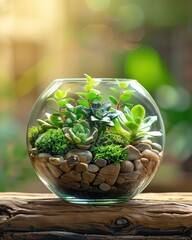 Beautifully Arranged Succulent Terrarium in Glass Container with Decorative Stones and Lush Greenery Ideal for Home Decor and Indoor Gardening Enthusiasts