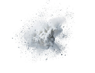 White powder cloud burst, scattering many tiny particles. Dynamic energetic abstract explosion of dispersing, isolated on transparent background
