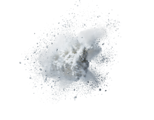 White powder cloud burst, scattering many tiny particles. Dynamic energetic abstract explosion of dispersing, isolated on transparent background