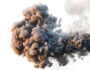 Dynamic swirling gray and beige smoke ink cloud with golden glitter particles, creating ethereal abstract art, isolated on transparent background