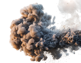 Dynamic swirling gray and beige smoke ink cloud with golden glitter particles, creating ethereal abstract art, isolated on transparent background