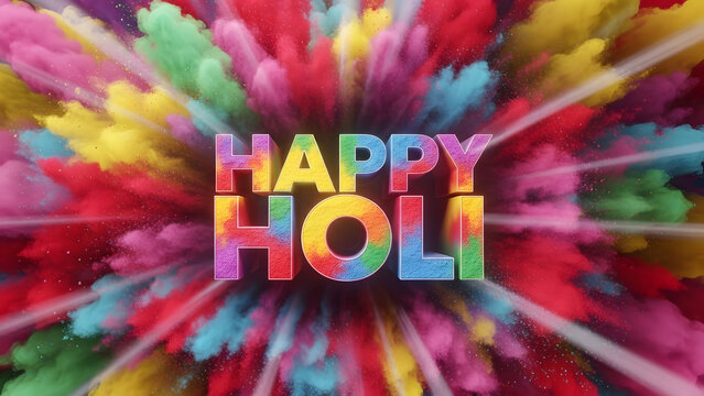 Colorful powder explosion celebrates Holi festival, creating vibrant and joyous atmosphere with shades of red, yellow, blue, and pink, symbolizing unity and happiness.