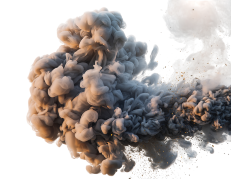 Dynamic swirling gray and beige smoke ink cloud with golden glitter particles, creating ethereal abstract art, isolated on transparent background