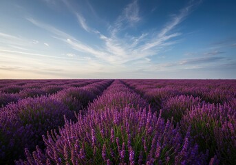 Vast fields of vibrant purple blooms stretch under a clear sky, exuding a calming aroma. Nature's beauty in full display ,vibrant ,idyllic ,flower