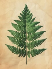 Detailed illustration of a lush green fern leaf against a textured background, showcasing intricate patterns and natural beauty for botanical or artistic purposes.