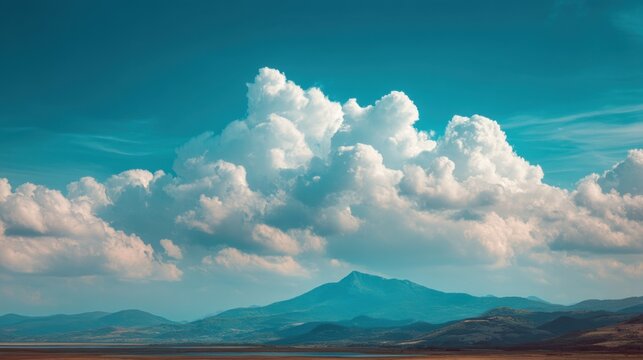Fluffy white clouds float peacefully in a clear blue sky above green mountain peaks. The scene captures the tranquility of nature on a sunny day.