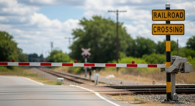 Railroad crossing barrier lowered at rural railway crossing with clear signage. Railroad crossing setup prevents cars from crossing while train approaches, - Powered by Adobe