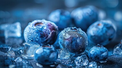 Fresh and Juicy Blueberries with Ice Cubes Reflecting Light on a Dark Surface, Capturing the Essence of Summer and Refreshment in a Textured Setting