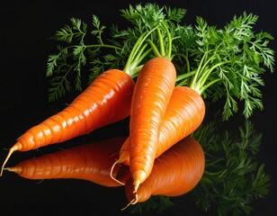 Carrots with green leaves against a glossy black background