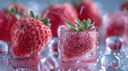 Fresh and Juicy Strawberries Encased in Ice with Water Droplets, Showcasing Vibrant Colors and Texture for Culinary and Beverage Imagery