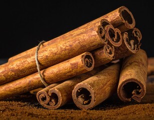 Cinnamon sticks bound together against a dark background