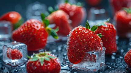 Fresh and Juicy Strawberries with Ice Cubes in a Captivating Close-Up, Showcasing the Refreshing Appeal and Natural Texture of Fruit on a Dark Background