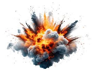 Explosion of orange and red flames bursting, scattering dark grey smoke and small debris, illustrating, isolated on transparent background