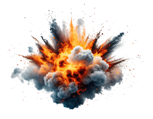 Explosion of orange and red flames bursting, scattering dark grey smoke and small debris, illustrating, isolated on transparent background