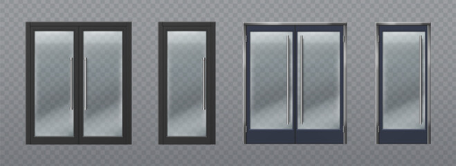 Fototapeta premium Glass doors set isolated on transparent background. Vector realistic illustration of office, supermarket or store entrance, closed single and double door frame, modern building facade design element