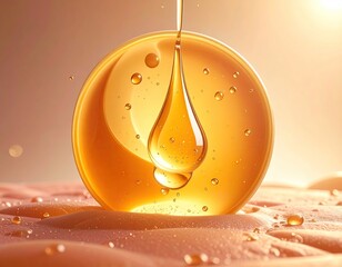 Drop of liquid falling from a sphere, close up.