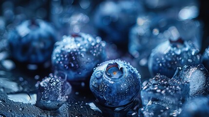 Fresh Blueberries with Water Drops on Black Background for Healthy Eating, Culinary Arts, Smoothies, Desserts, and Natural Ingredients in Professional Food Photography