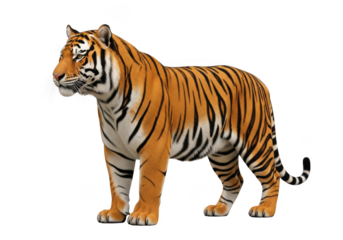 Majestic bengal tiger standing proudly, wildlife animal illustration, detailed fur texture, orange and black stripes, carnivore predator, feline isolated on transparent background