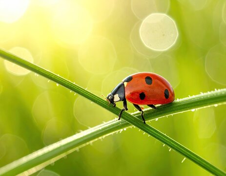 Close up profile of a red ladybug with black spots crawling on a vibrant green blade of grass with soft yellow sunlight and bokeh in the background