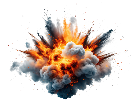 Explosion of orange and red flames bursting, scattering dark grey smoke and small debris, illustrating, isolated on transparent background