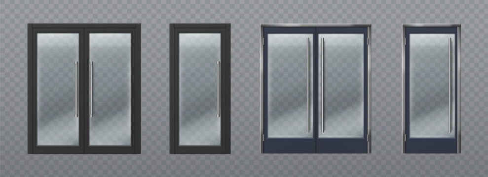 Glass doors set isolated on transparent background. Vector realistic illustration of office, supermarket or store entrance, closed single and double door frame, modern building facade design element