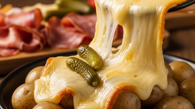 Delicious melted raclette cheese poured over small roasted potatoes with cornichons served as classic swiss fondue meal