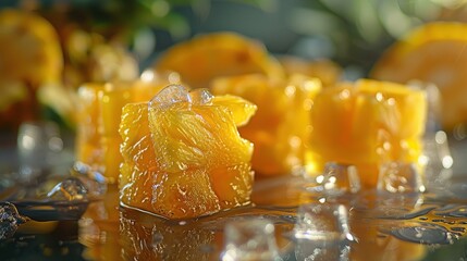 Fresh Pineapple Cubes on a Glimmering Surface with Ice Cubes and Tropical Background, Perfect for Vibrant Food Photography and Culinary Use